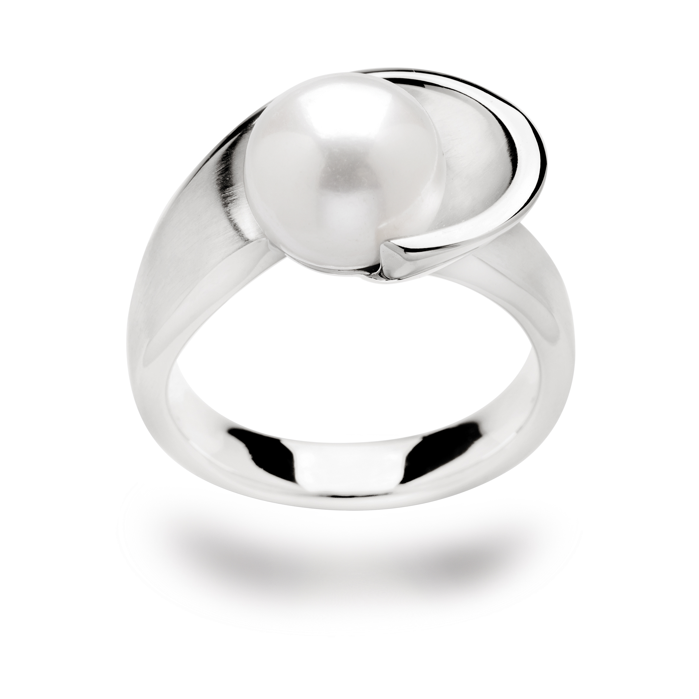925/- Ring, rhodiniert | mattiert/poliert, Zuchtperle weiß
