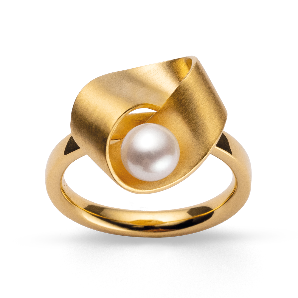 925/- Ring, vergoldet | mattiert/poliert, Zuchtperle weiß 1,40ct