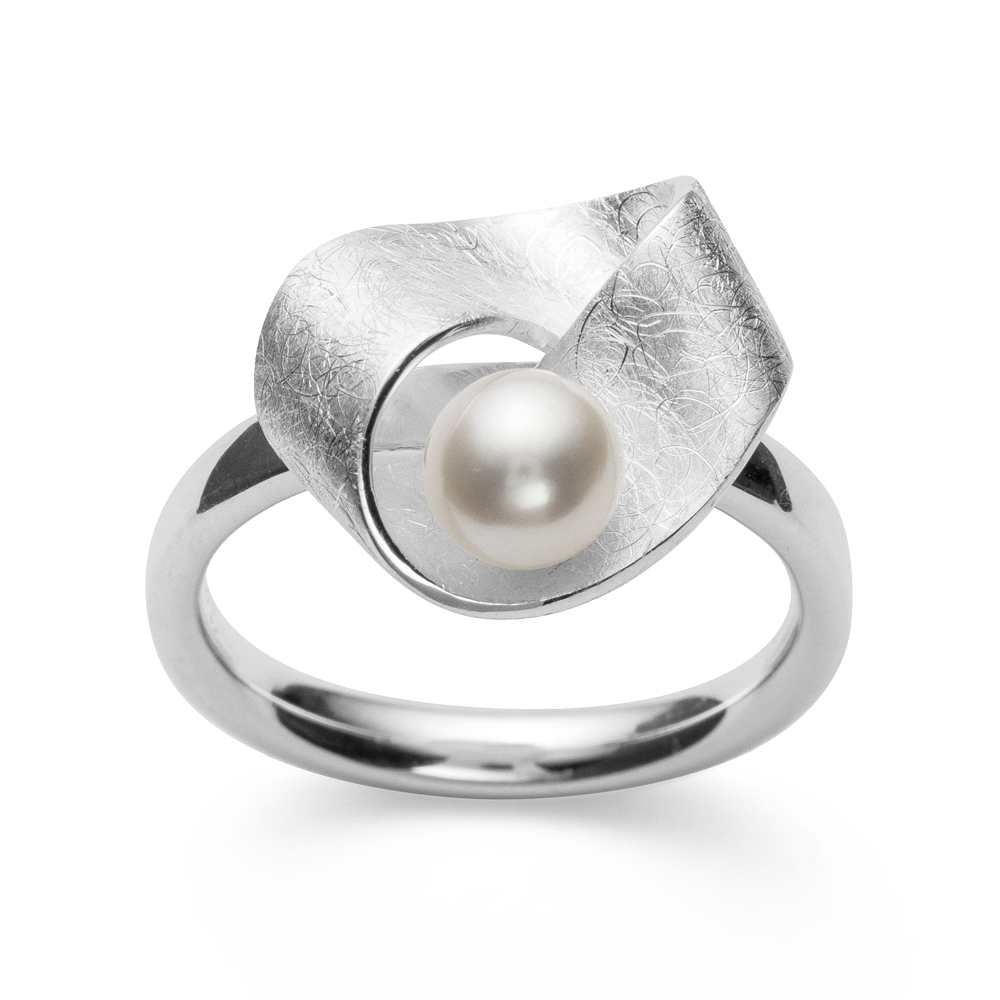 925/- Ring, rhodiniert | kratzmatt/poliert, Zuchtperle weiß 1,40ct