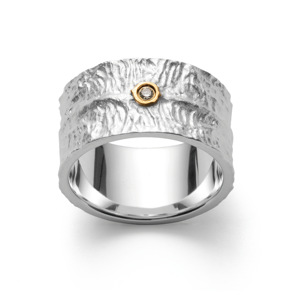 925/- Ring, teilvergoldet | seidenmatt, Brillant 0,03ct W-SI